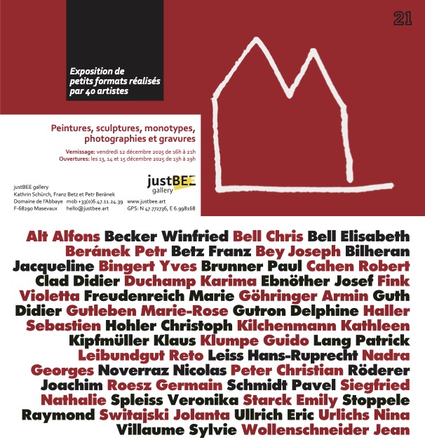 Flyer der Gruppenaustellung Kleinformate von 40 Künstlern vom 12. bis 15. Dezember 2025 in der Gallerie justBEE in Masevaux, Frankreich.